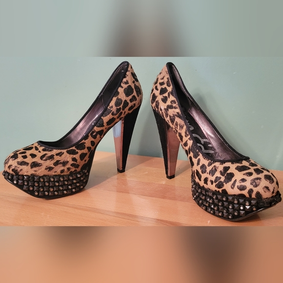 SAM EDELMAN Studded Leopard Print Horsehair Platform Pumps Heels